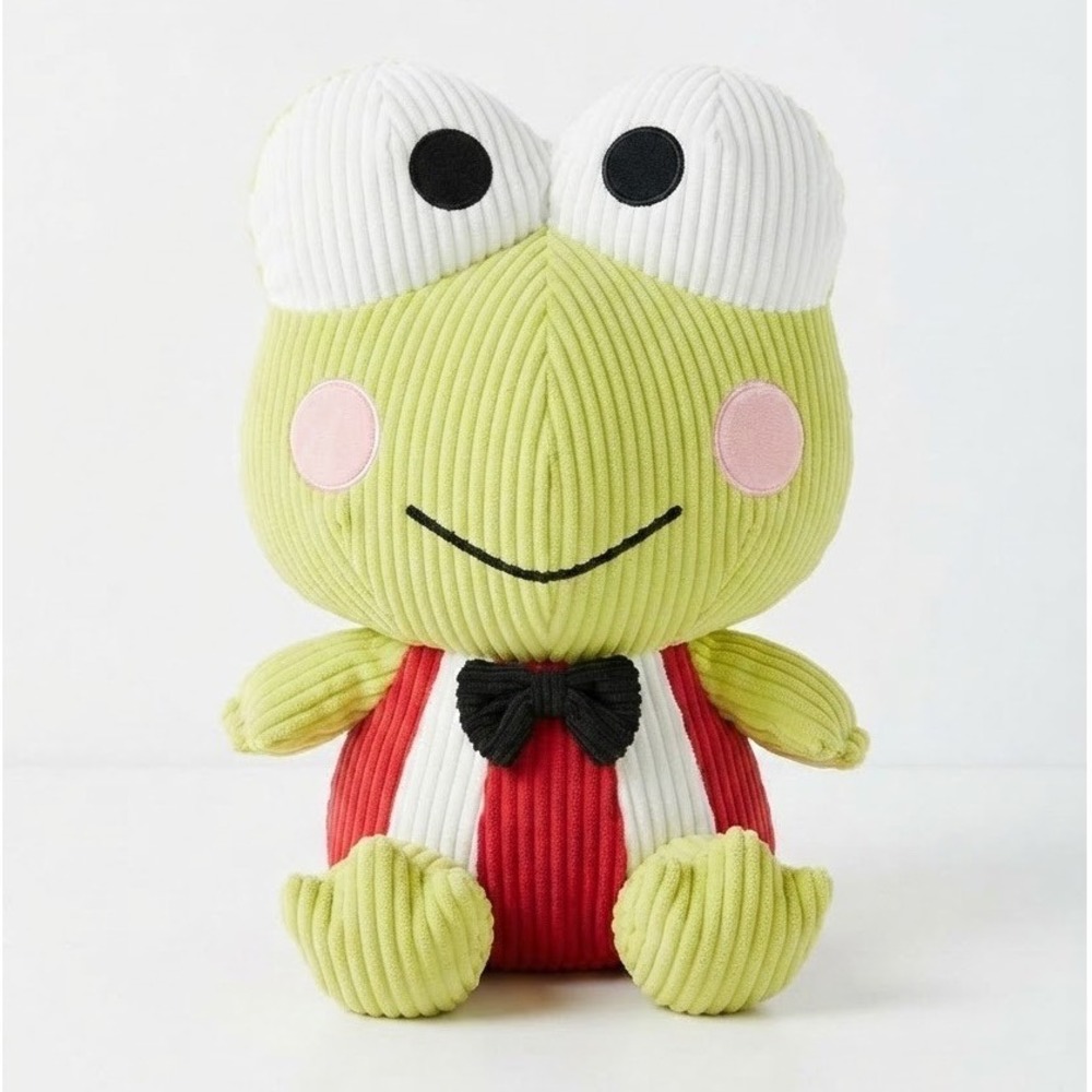 Sanrio Keroppi Corduroy Plush Frog Green Red White Striped Bowtie Kawaii 15 in